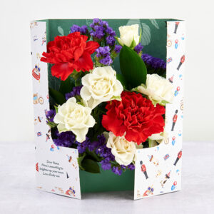 King Charles' Coronation Celebration Flowers with White Spray Roses, Carnations, Ruscus Leaf and Statice